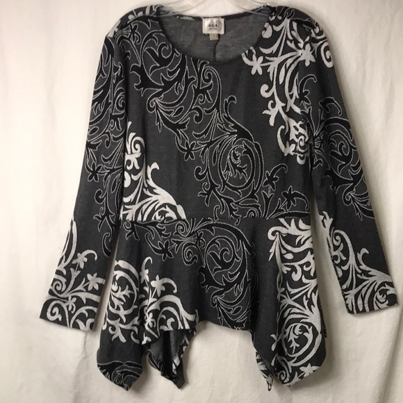 Eci New York Women’s Tunic Size L Peplum Handkerchief Hem Gray Black White EUC - Picture 1 of 11